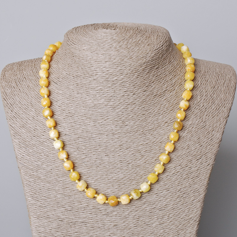 Necklace Jadeite Yellow Natural Stone Faceted Cube, diameter 7mm+-, length 45-49cm+