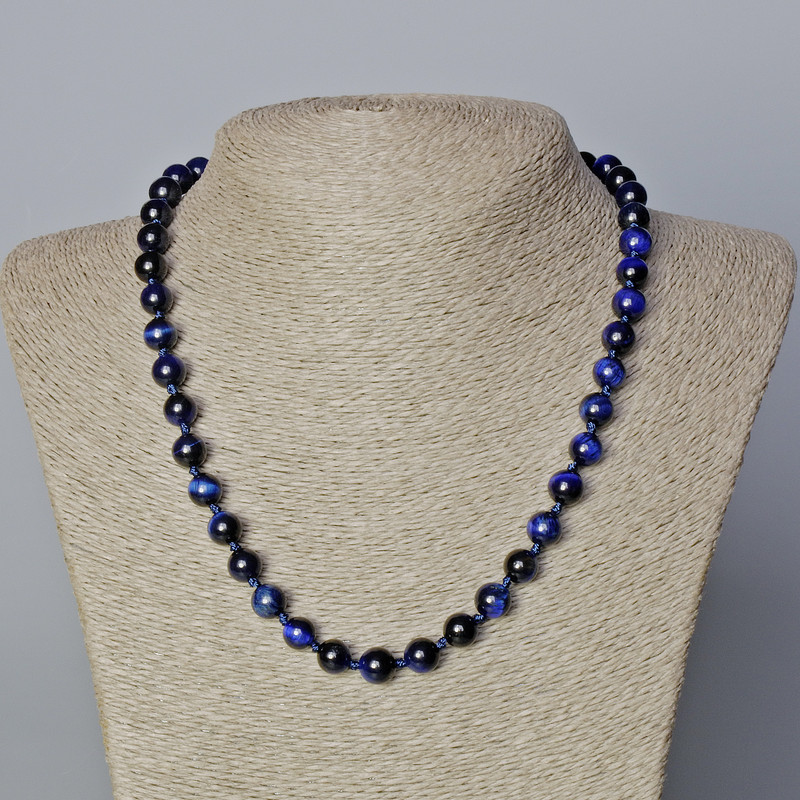 Blue Cat's Eye Necklace, natural stone, smooth round beads, diameter 8.5mm+/-, length 45-48cm+