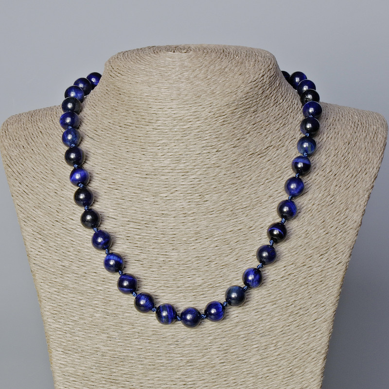 Blue Cat's Eye Necklace, natural stone, smooth round beads, diameter 10mm+/-, length 45-48cm+