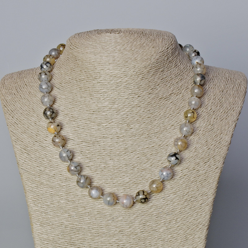 Dragon Vein Agate Necklace, smooth round beads, diameter 10.5mm+/-, length 45-48cm+