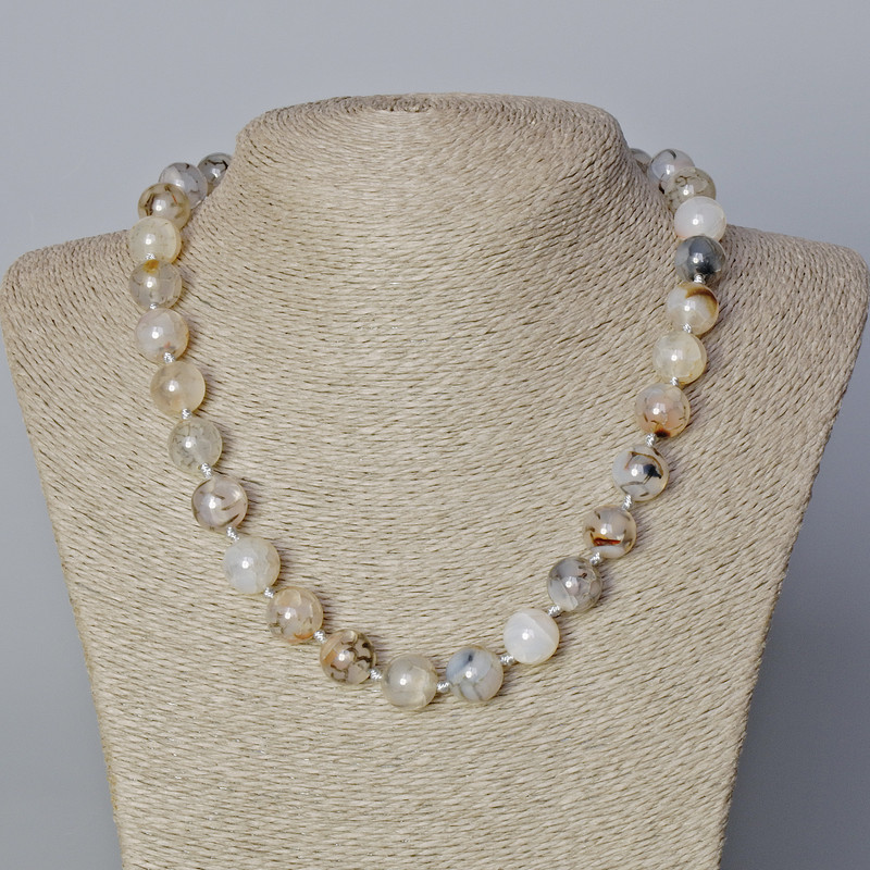 Dragon Vein Agate Necklace, smooth round beads, diameter 12mm+/-, length 45-48cm+