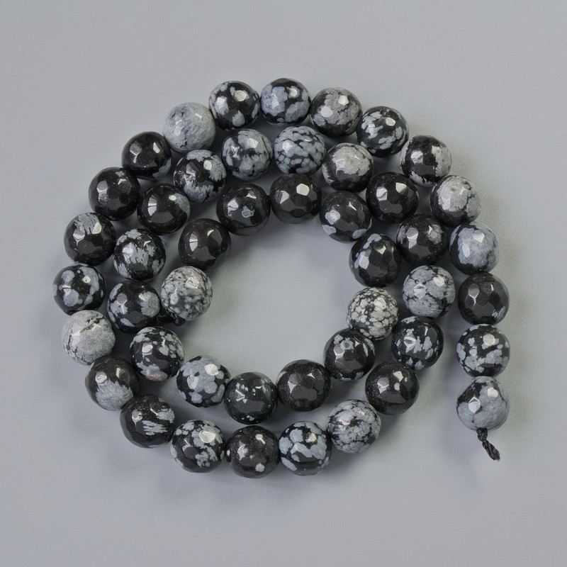 Beads Snowflake Obsidian Apache Tears Natural Stone Faceted Round, Diameter 8mm+-, Length 38cm+- on Thread