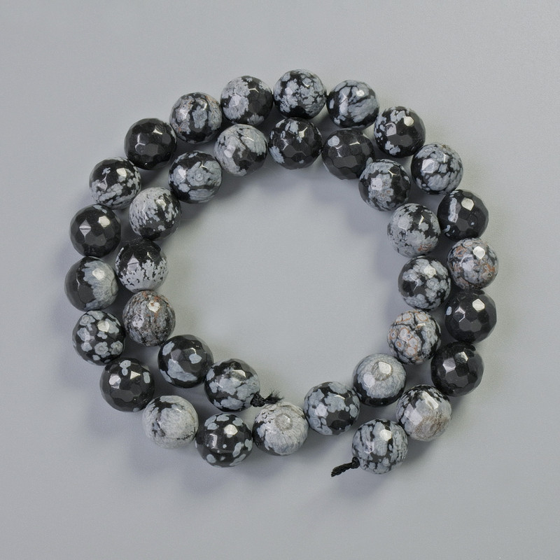 Beads Snowflake Obsidian Apache Tears Natural Stone Faceted Round, Diameter 10mm+-, Length 37cm+- on Thread