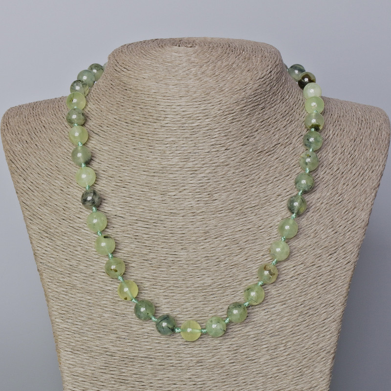 Prehnite Necklace, natural stone smooth bead, diameter 10mm+-, length 45-49cm+