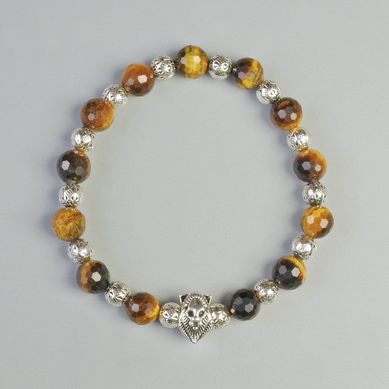 Tiger's Eye Bracelet, natural stone, faceted bead, 8mm± diameter, stretch bracelet with metal inserts
