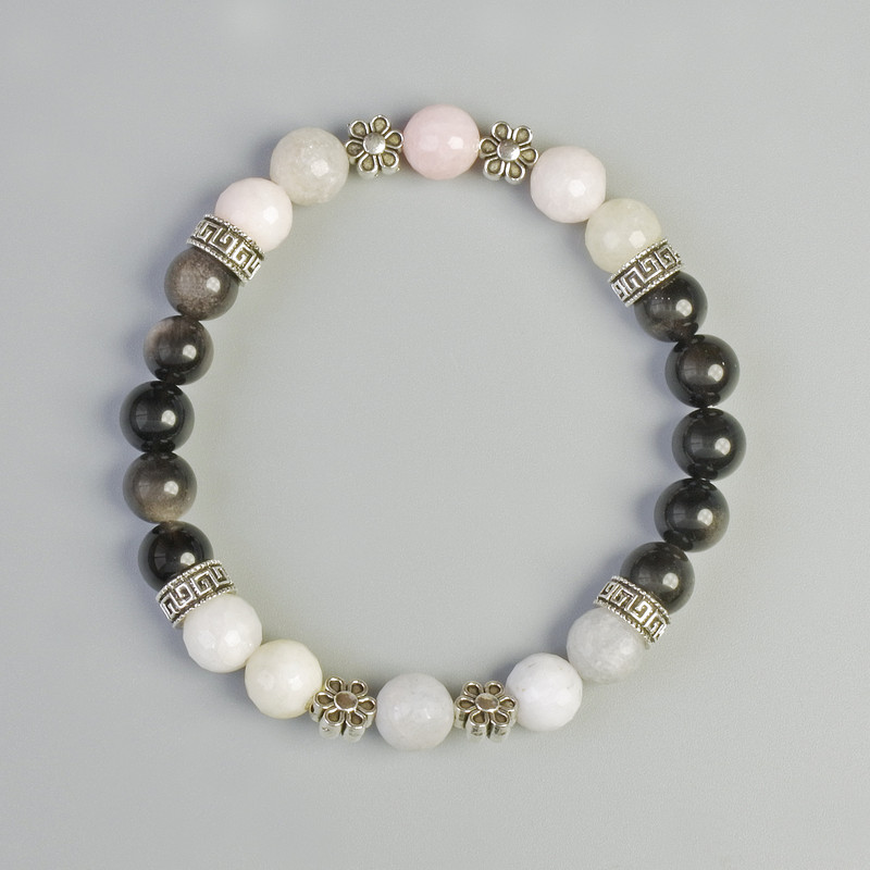 Bracelet, Silver Obsidian and Colored Jadeite, 8mm± diameter (stretch), length 18cm± with metal accents
