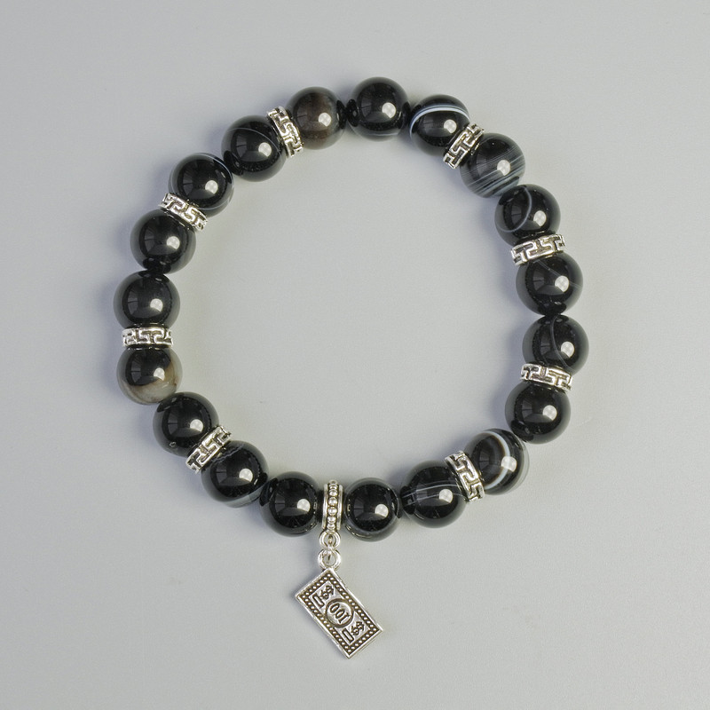 Black Agate Bracelet, natural stone smooth round beads, diameter 10mm+- (stretch), length 18cm+- with metal inserts