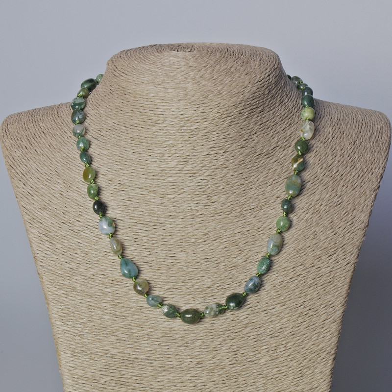 Moss Agate Necklace, natural stone tumbled beads, diameter 7x10mm+-, length 45-47cm+