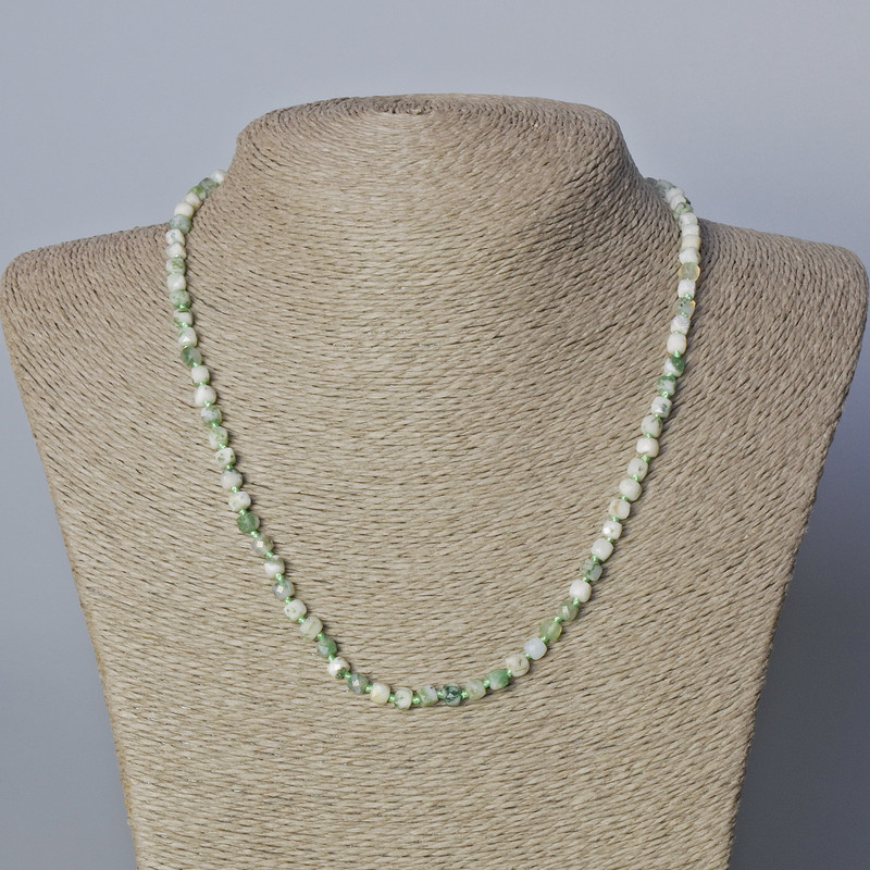 Moss Agate Natural Stone Necklace, Faceted Cube, diameter 4mm+-, length 45-48cm+