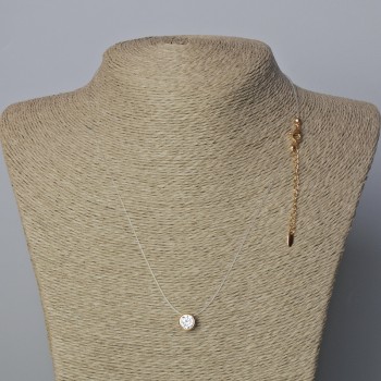 Pendant with White Crystal, 8.5mm diameter, 0.8mm thickness on nearly invisible thread with 18K gold plated clasp, length 45-50cm