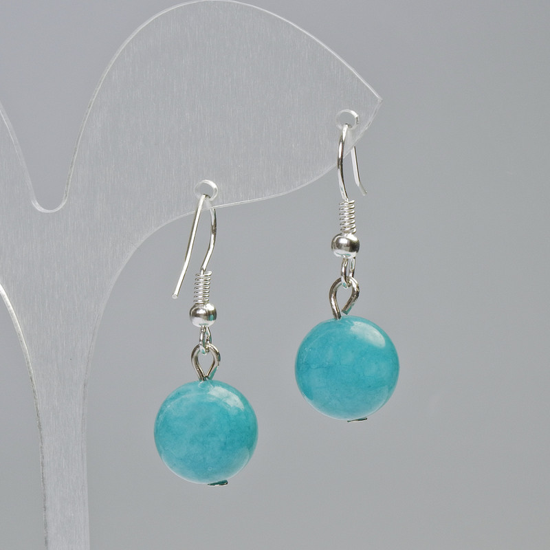Aquamarine Earrings, natural stone smooth ball, diameter 12mm+/-, length 33mm+