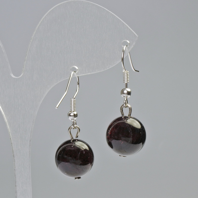 Garnet Earrings, natural stone smooth ball, diameter 12.5mm+/-, length 33mm+