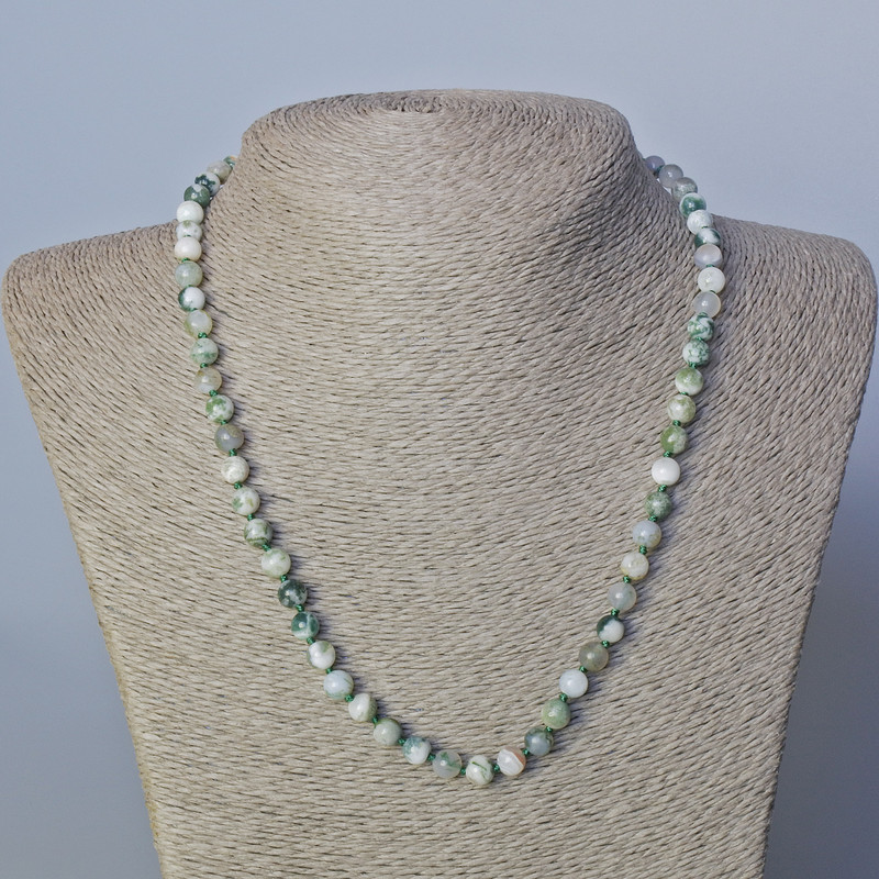 Moss Agate Necklace, natural stone, smooth bead, diameter 6mm+-, length 45-49cm+