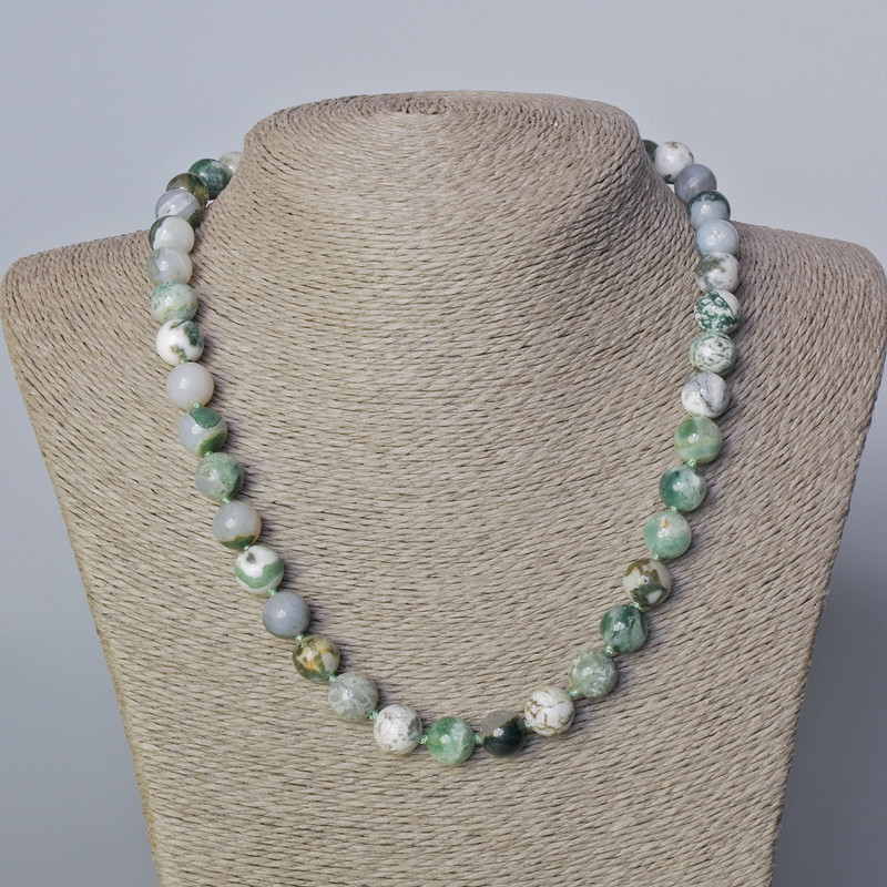 Moss Agate Necklace, natural stone, smooth bead, diameter 10.5mm+-, length 45-50cm+
