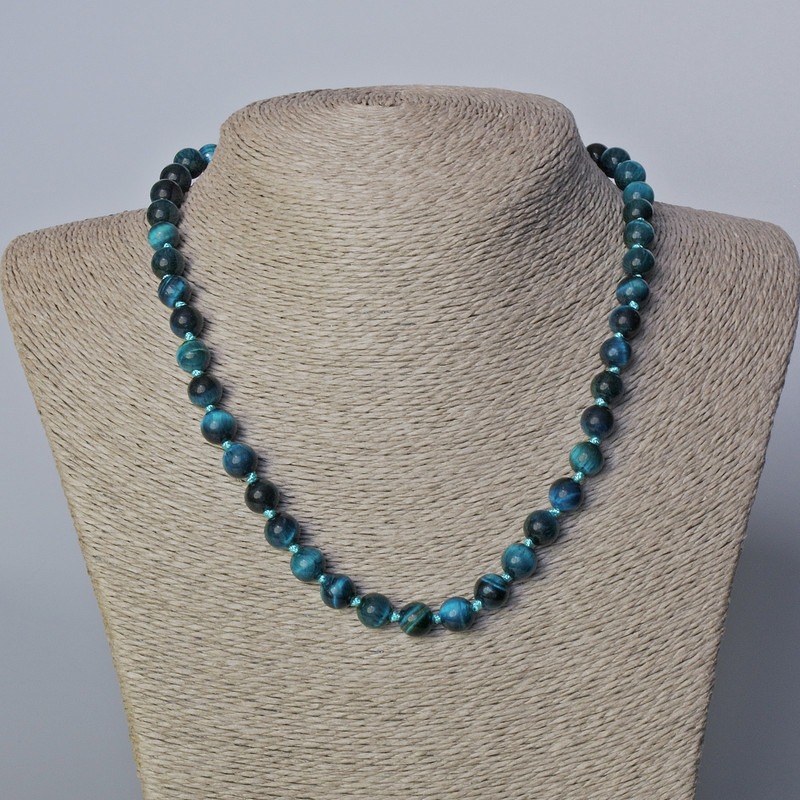 Azure Cat's Eye Necklace, natural stone smooth round beads, diameter 8mm+-, length 45-48cm+