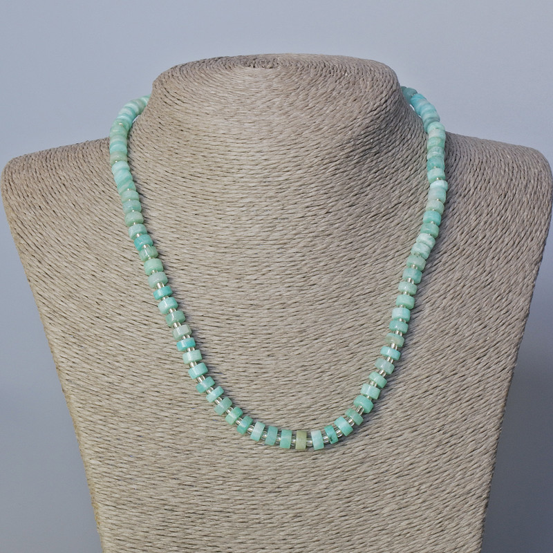 Amazonite Necklace, natural stone disc beads with seed beads, diameter 6x3mm+-, length 45-47cm+