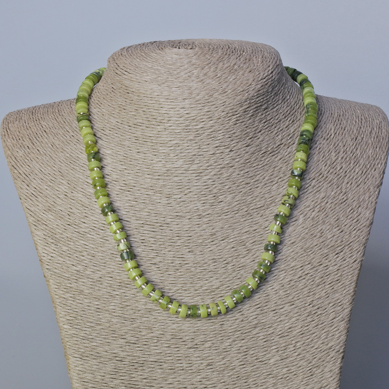 Canadian Jadeite Necklace, natural stone disc beads with seed beads, diameter 6x3mm+-, length 45-47cm+