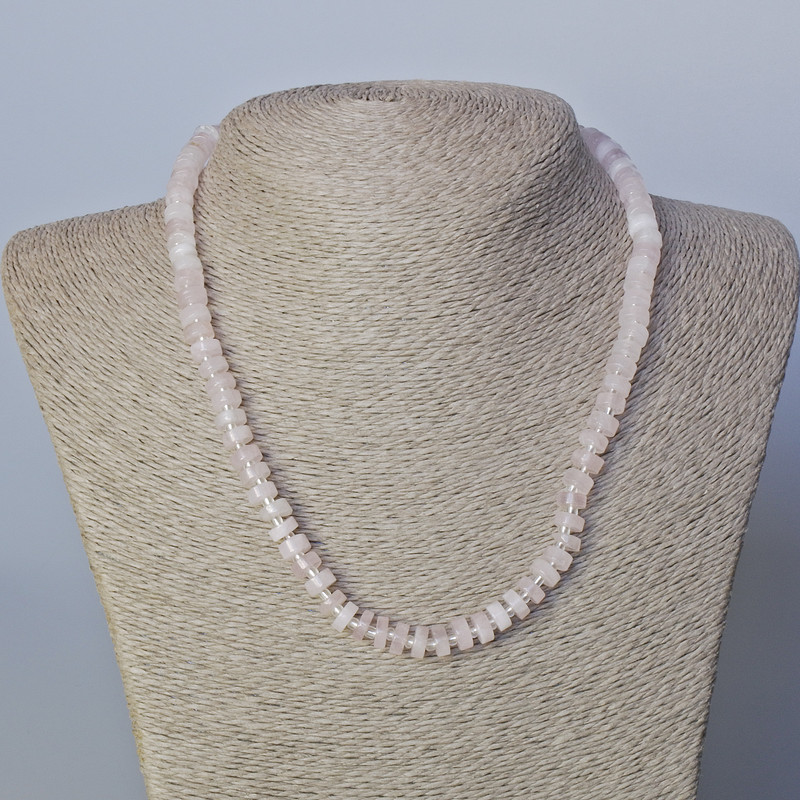 Rose Quartz Necklace, natural stone disc beads with seed beads, diameter 7x3mm+-, length 45-47cm+