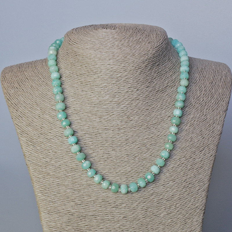Amazonite Necklace, natural faceted rondelle stone with seed beads, diameter 8x6mm+-, length 45-47cm+