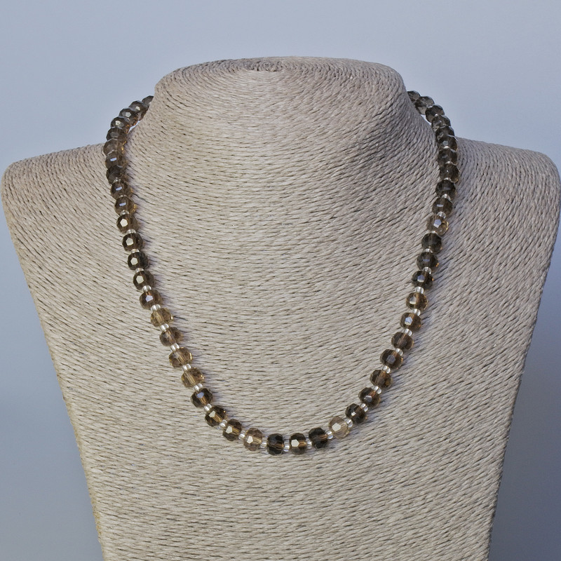 Smoky Quartz Necklace, natural faceted rondelle stone with seed beads, diameter 7.5x6mm+-, length 45-47cm+