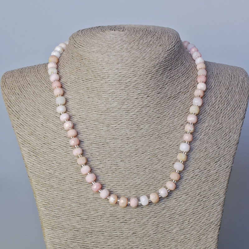 Pink Opal Necklace, natural faceted rondelle stone with seed beads, diameter 7.5x6mm+-, length 45-47cm+