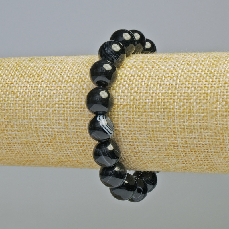 Black Agate Bracelet Natural Stone Smooth Bead, Diameter 12mm+- (Stretch), Length 18cm+