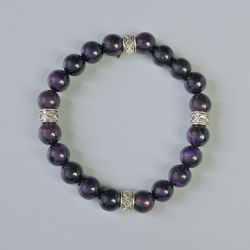 Purple Cat's Eye Bracelet, natural stone, smooth round beads, diameter 8.5mm+/- (stretch), length 18cm+/- with metal inserts
