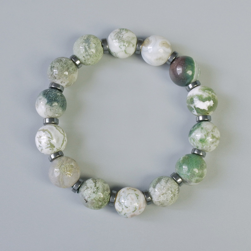 Moss Agate Bracelet, natural stone, smooth round beads, diameter 12mm+/- (stretch), length 18cm+/- with Hematite inserts