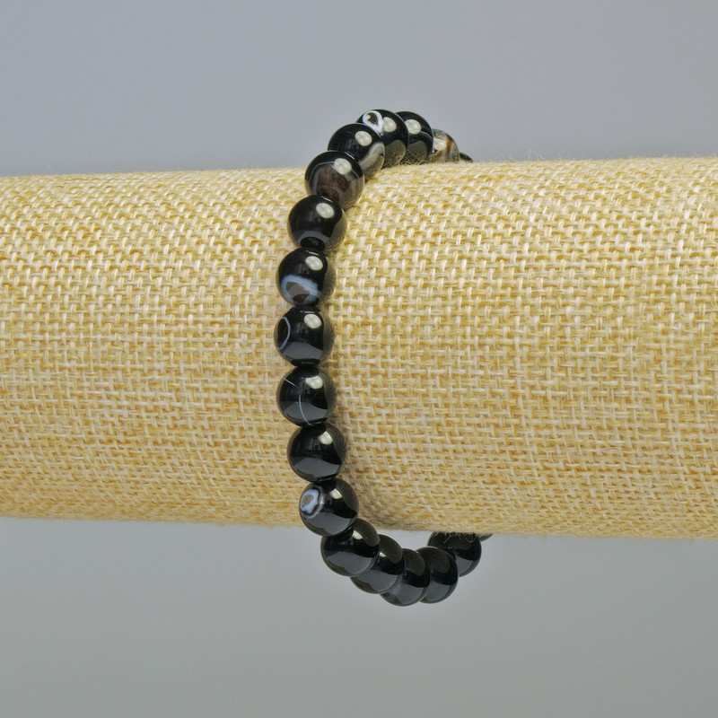 Black Agate Bracelet, natural stone, smooth round beads, diameter 8mm+/- (stretch), length 18cm+