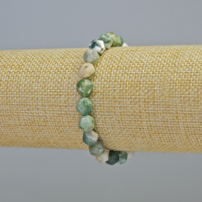 Moss Agate Bracelet Natural Stone Polygon, Diameter 7.5mm+/- (Stretch), Length 18cm+