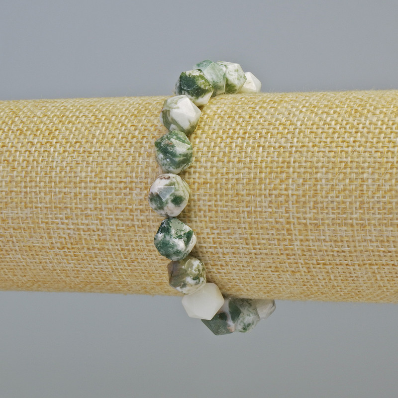 Moss Agate Bracelet Natural Stone Faceted Ball, Diameter 10mm+/- (Stretch), Length 18cm+