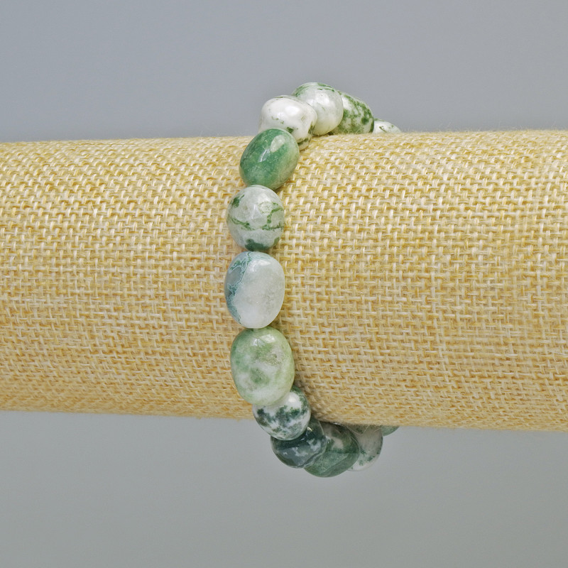 Moss Agate Bracelet Natural Stone Tumbled, Diameter 10x12mm+/- (Stretch), Length 18cm+
