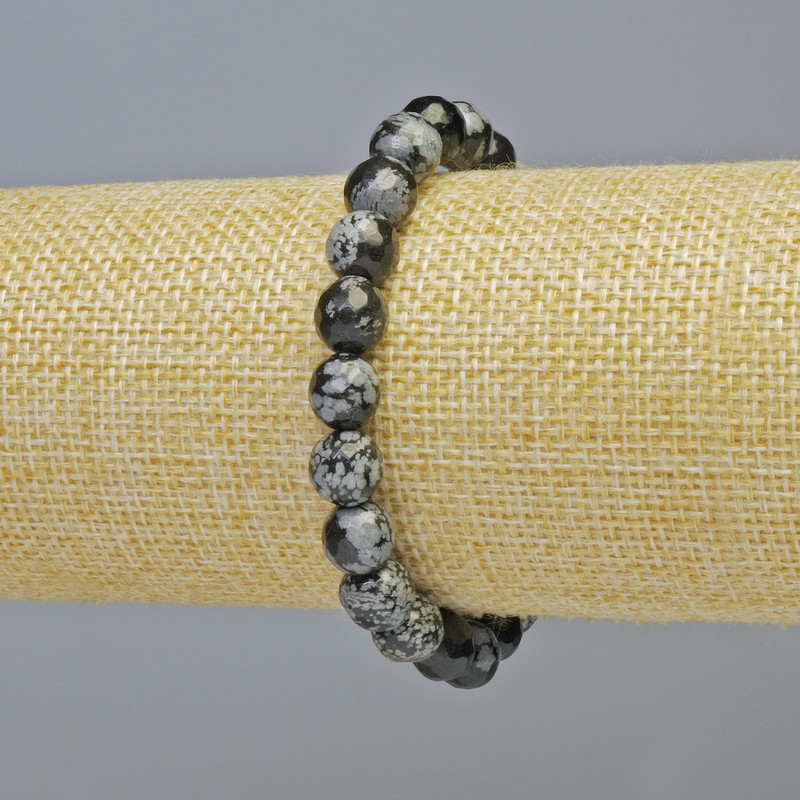 Snowflake Obsidian "Apache Tears" Bracelet, Natural Stone Faceted Beads, Diameter 8mm+/- (Stretch), Length 18cm+