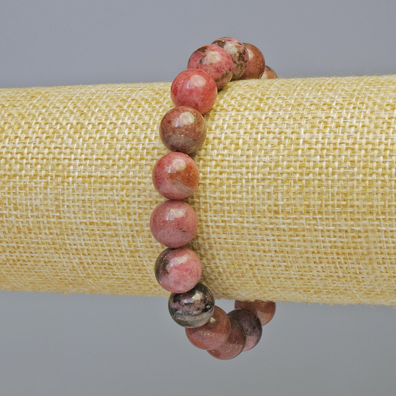 Rhodonite Bracelet, natural stone smooth round beads, diameter 10mm+- (stretch), length 18cm+