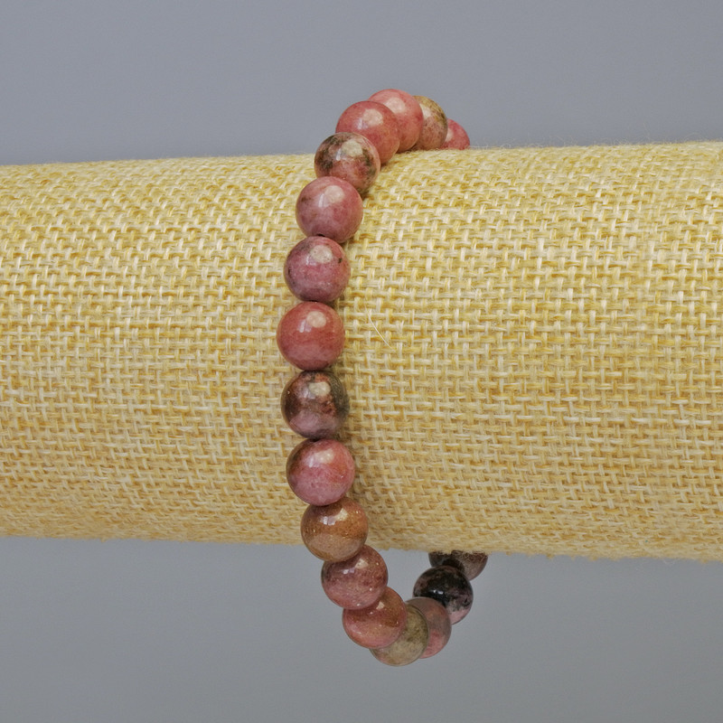 Rhodonite Bracelet, natural stone smooth round beads, diameter 8mm+- (stretch), length 18cm+