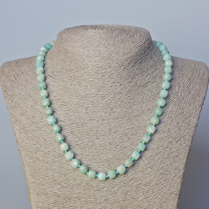 Amazonite Necklace, natural stone faceted cube, diameter 7mm+-, length 45-49cm+