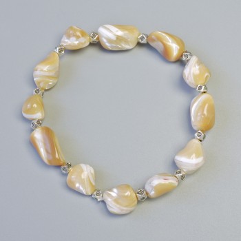 Beige Mother-of-Pearl Bracelet, tumbled beads, diameter 10x13mm+- (stretch), length 18cm+- with metal spacers