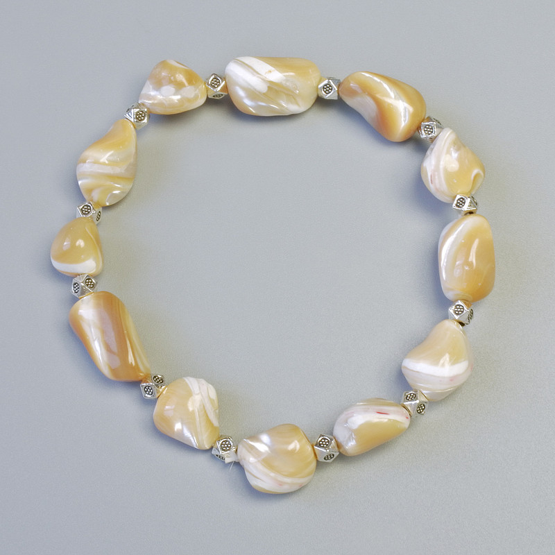 Beige Mother-of-Pearl Bracelet, tumbled beads, diameter 10x13mm+- (stretch), length 18cm+- with metal spacers