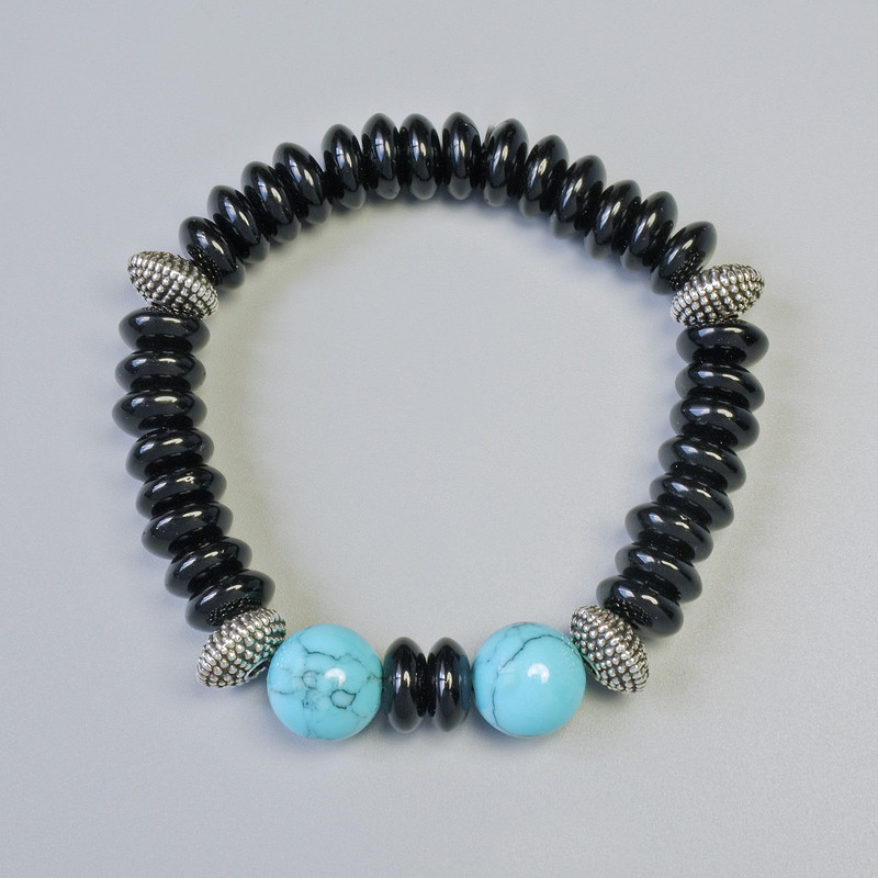 Black Agate & Turquoise (pressed) Bracelet, smooth rondelle and round bead, diameter 12mm, 10x4.5mm+- (stretch), length 18cm+- with metal spacers