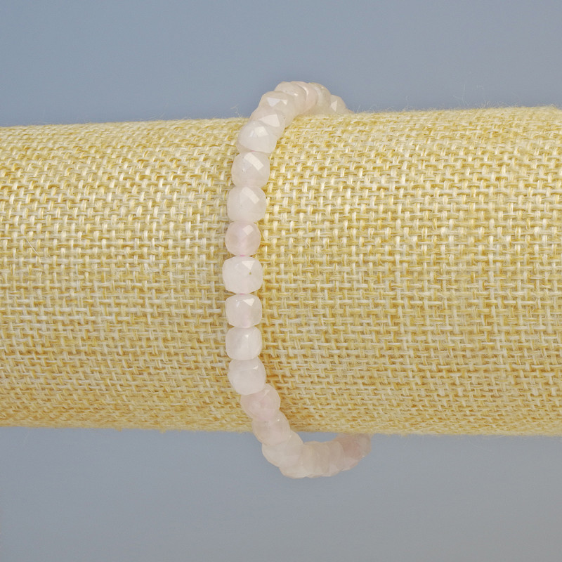 Rose Quartz Bracelet, natural stone faceted cube, diameter 5.5mm+- (stretch), length 18cm+