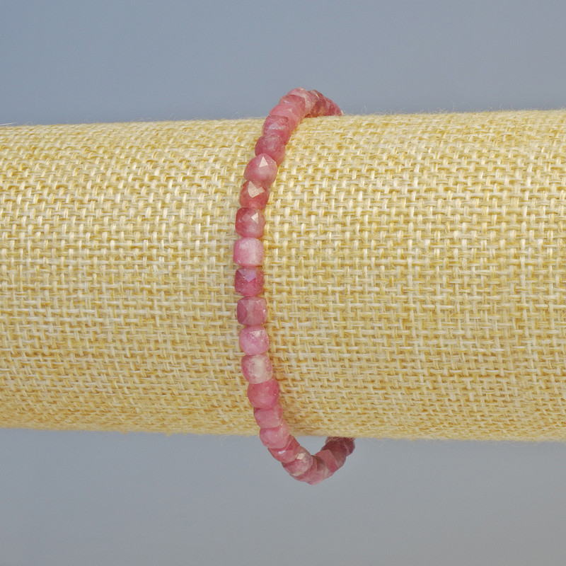 Tourmaline Rubellite Bracelet, Natural Stone Faceted Cube, Diameter 4–5mm+/- (Stretch), Length 18cm+