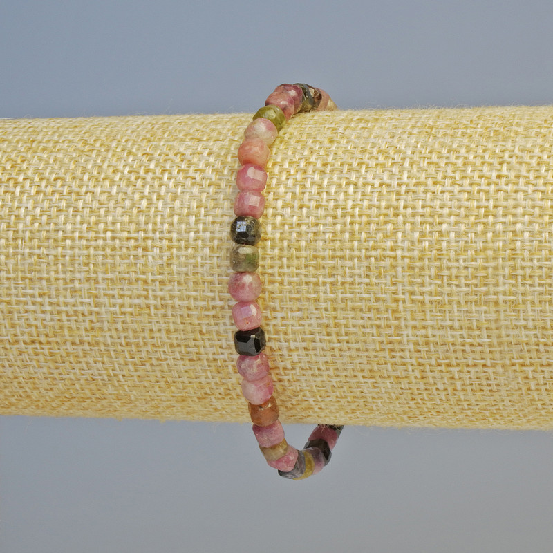 Tourmaline Bracelet, Natural Stone Faceted Cube, Diameter 4–5mm+/- (Stretch), Length 18cm+