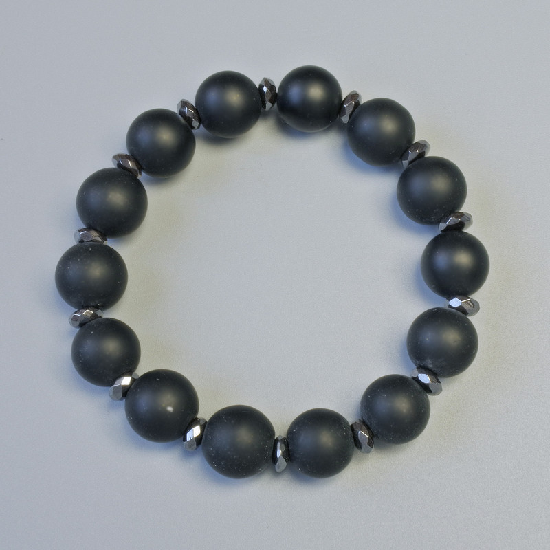 Bracelet Shungite (Imitation) Smooth Round Beads, Diameter 12mm+- (Stretch), Length 18cm+- with Hematite Inserts