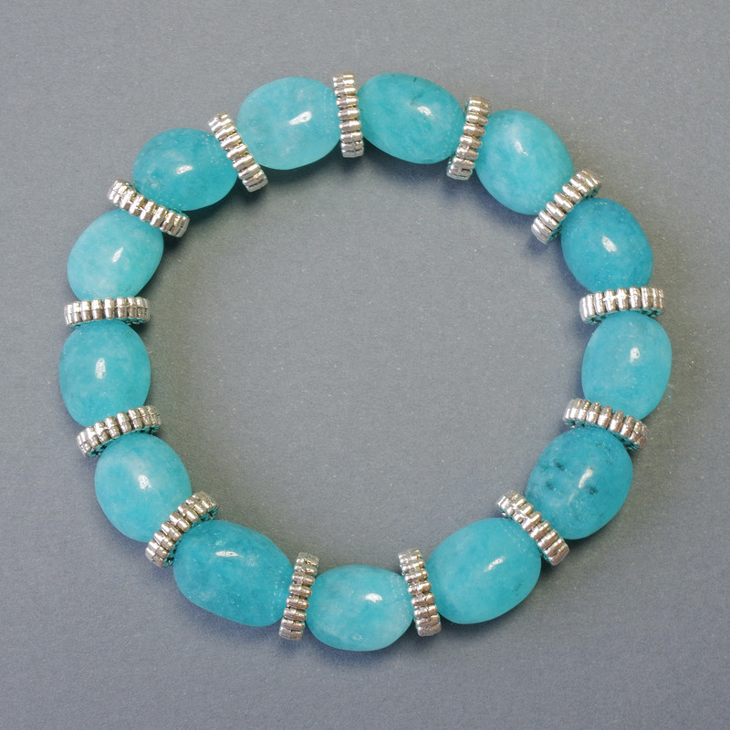 Aquamarine Bracelet Natural Stone Tumbled, Diameter 9x12mm+/- (Stretch), Length 18cm+/- with Metal Inserts
