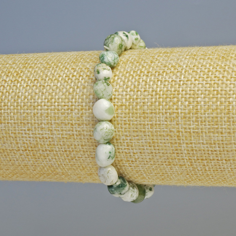 Bracelet Moss Agate Natural Stone Tumbled, Diameter 8x9mm+/- (Stretch), Length 18cm+