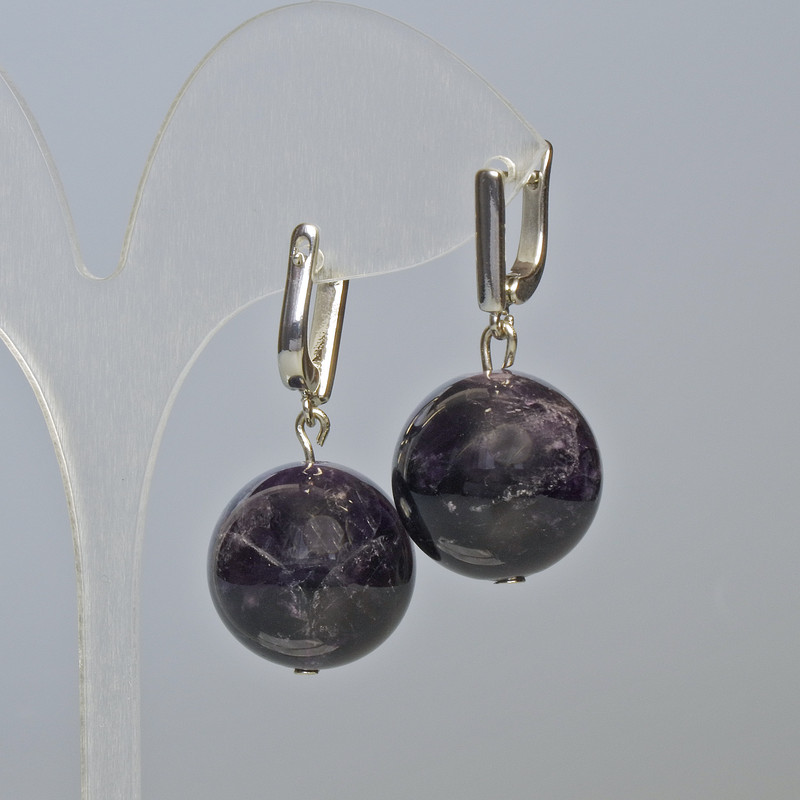 Amethyst Earrings, Natural Stone, Smooth Bead, Diameter 18mm+/-, Length 35mm+/- English Lock