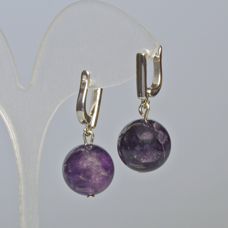 Amethyst Earrings, Natural Stone, Smooth Bead, Diameter 16mm+/-, Length 33mm+/- English Lock