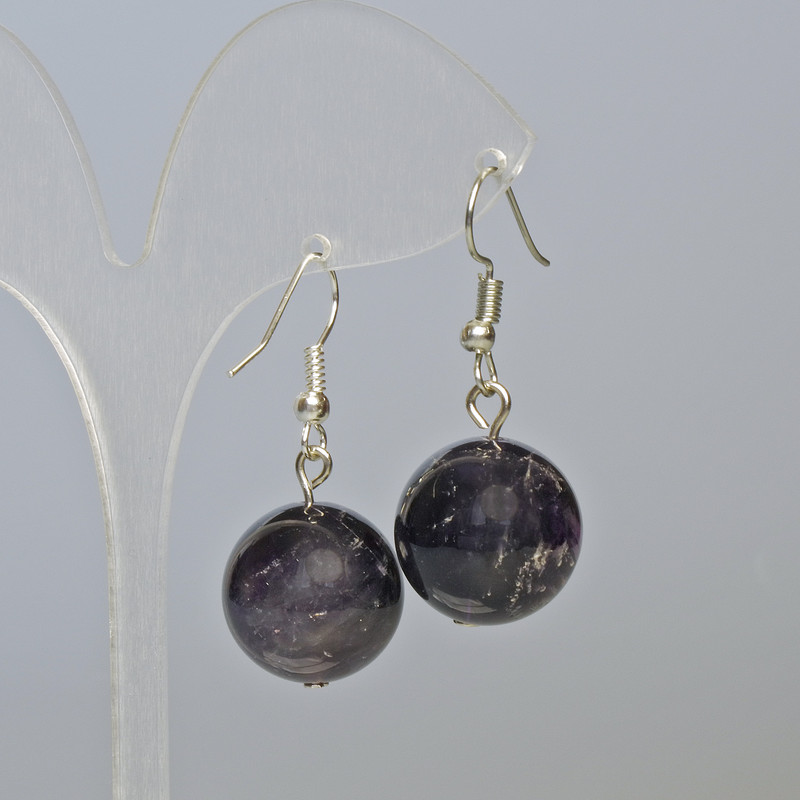 Amethyst Earrings, Natural Stone, Smooth Bead, Diameter 16mm+/-, Length 38mm+