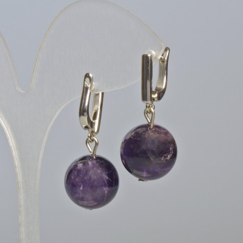 Amethyst Earrings, Natural Stone, Smooth Bead, Diameter 14mm+/-, Length 30mm+/- English Lock