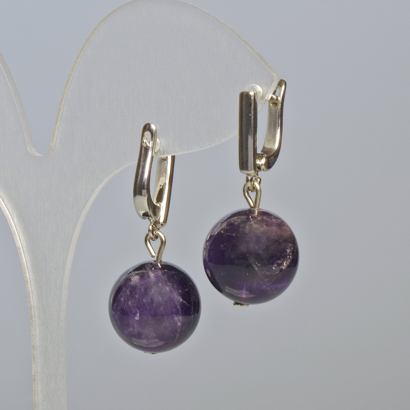 Amethyst Earrings, Natural Stone, Smooth Bead, Diameter 14mm+/-, Length 30mm+/- English Lock